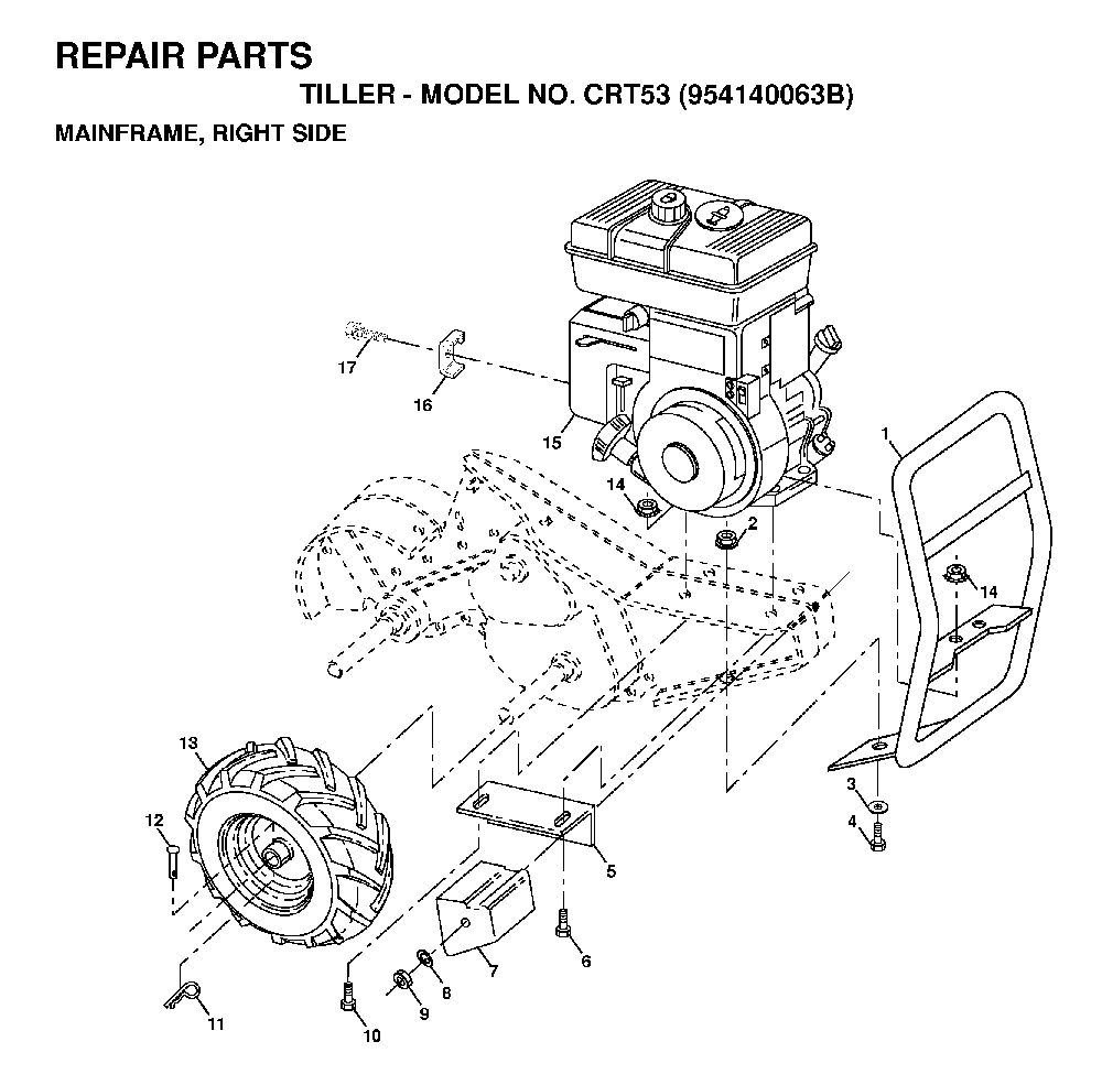 Mainframe, Right Side Diagram and Parts List for CRT53 (954140063B)(1998-07) Husqvarna Tiller