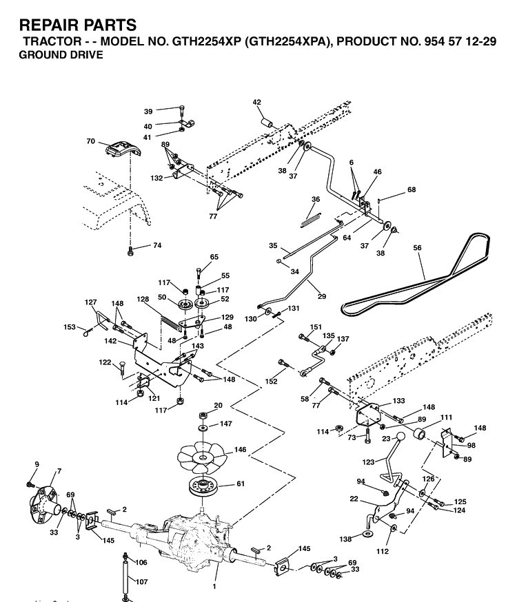 Drive Diagram and Parts List for GTH2254XP-GTH2254XPA 2004-08 Husqvarna Lawn Tractor