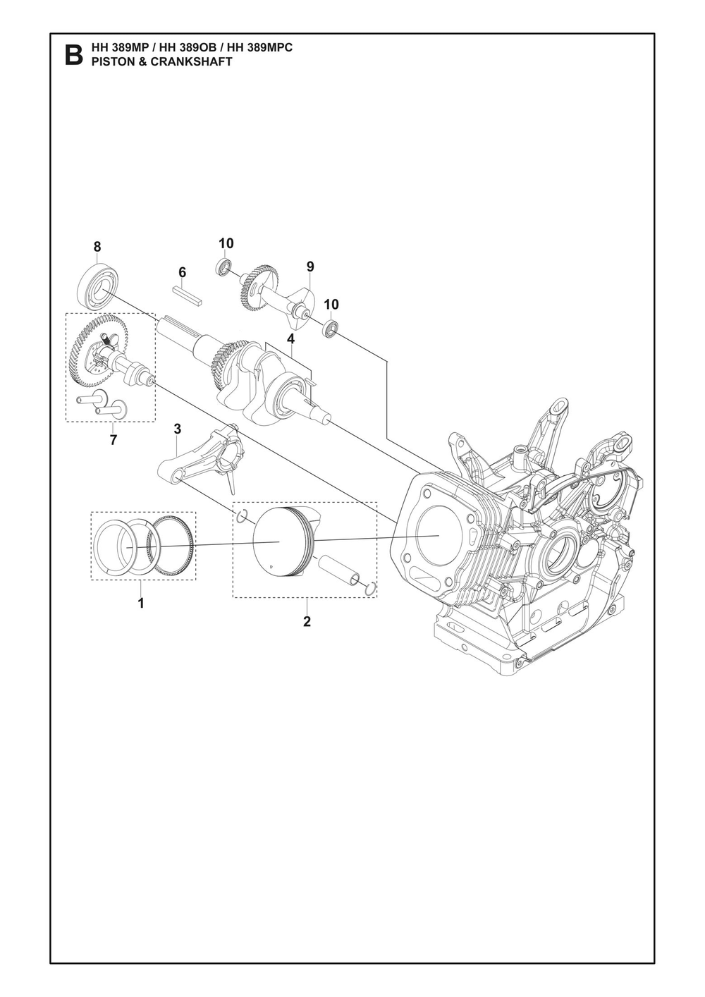 Piston And Crankshaft Diagram and Parts List for HH389MP OB Husqvarna Engine