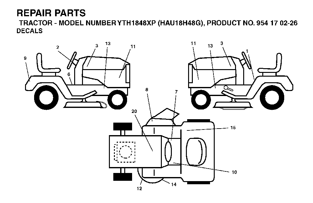 Decals Diagram and Parts List for YTH1848XP (HAU18H48G, 954170226)(2004-09) Husqvarna Lawn Tractor