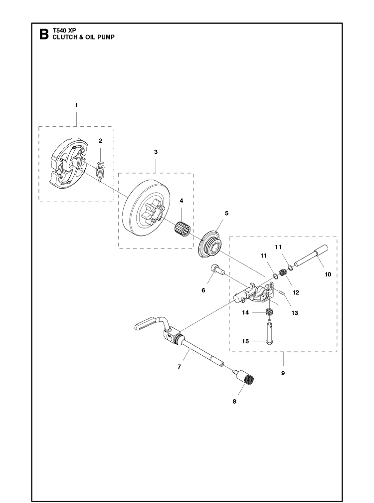 Clutch And Oil Pump Diagram and Parts List for T540XP 2012-10 Husqvarna Chainsaw