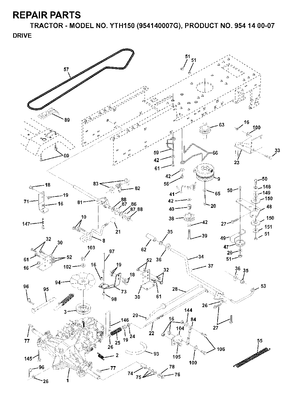 Drive Diagram and Parts List for YTH150 (954140007G, 954140007)(1998-09) Husqvarna Lawn Tractor