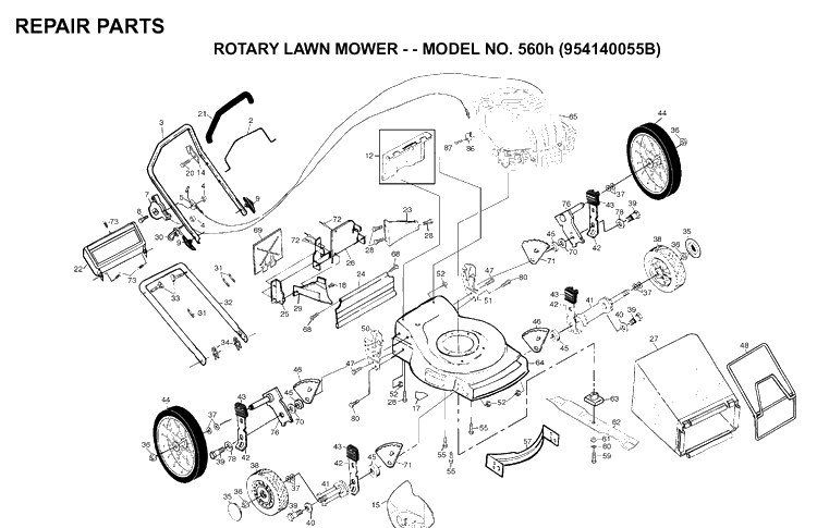 Product Complete Diagram and Parts List for 560H (954140055B)(1998-02) Husqvarna Lawn Mower