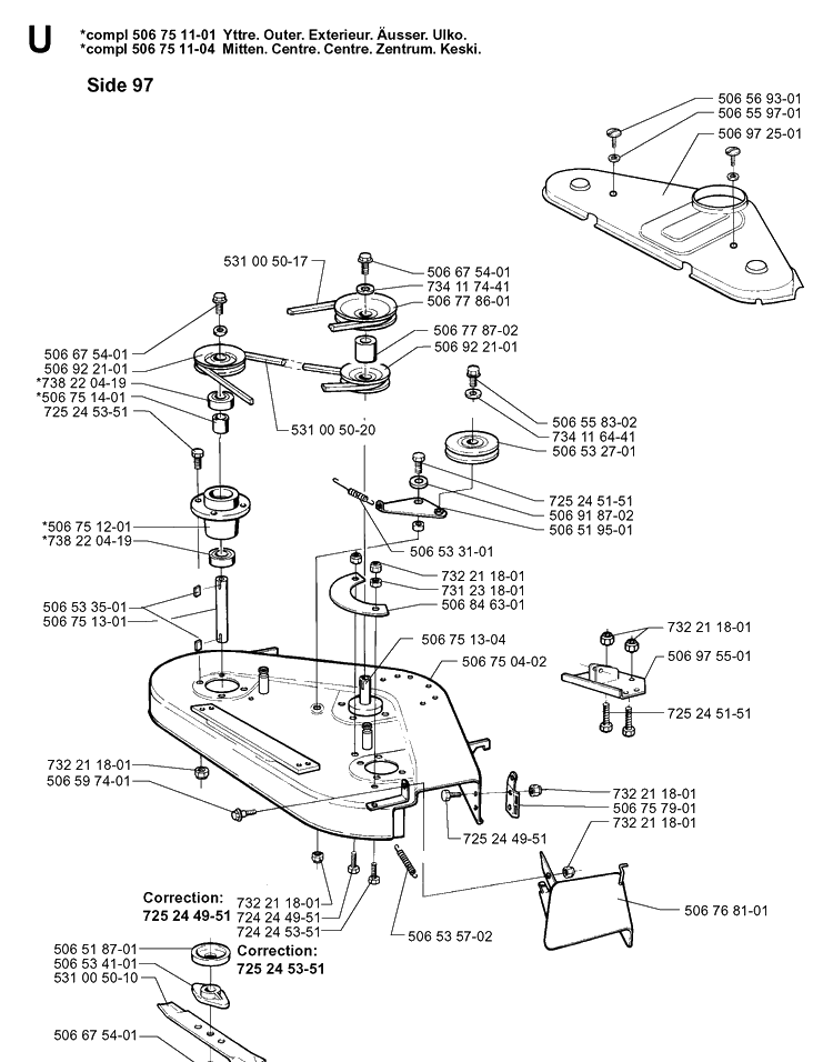 97cm Cutting Deck Diagram and Parts List for PR14 1999-04 Husqvarna Lawn Mower