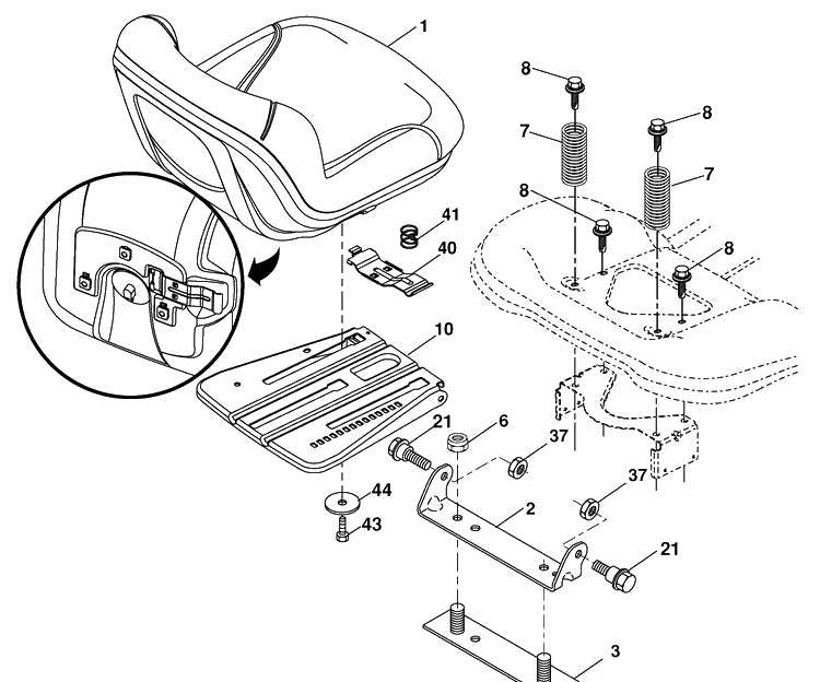 Seat Assembly Diagram and Parts List for YTH2042 (96043009201)(2010-02) Husqvarna Lawn Mower