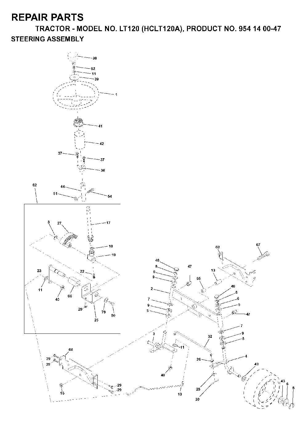 Steering Diagram and Parts List for LT120 (HCLT120A, 954140047)(1998-01) Husqvarna Lawn Tractor