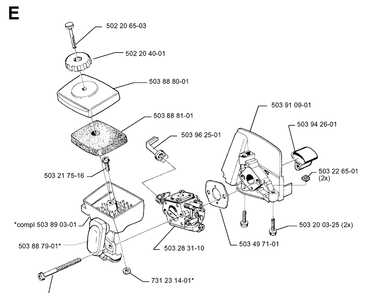 Carburetor And Air Filter Diagram and Parts List for 322E 19994000001-20010100000 Husqvarna Edger