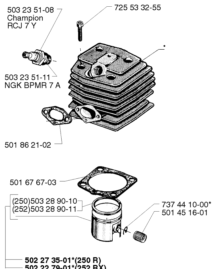 Piston/Cylinder Diagram and Parts List for 250R 1999-04 Husqvarna Brush Cutter