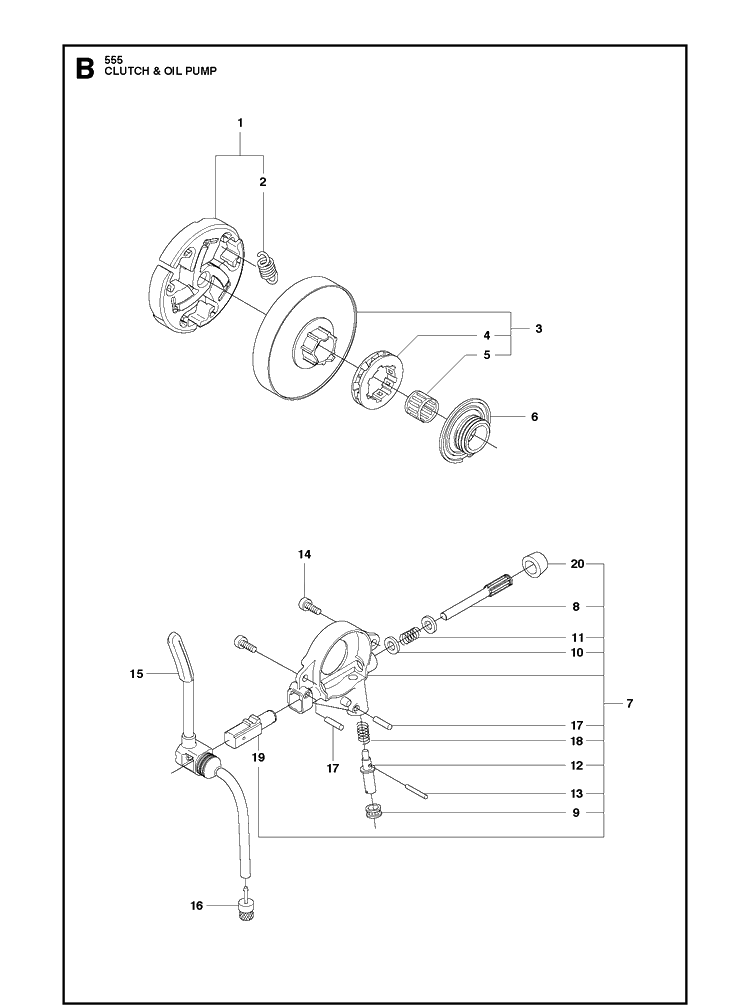 Clutch Oil Pump Diagram and Parts List for 555 2011-03 Husqvarna Chainsaw