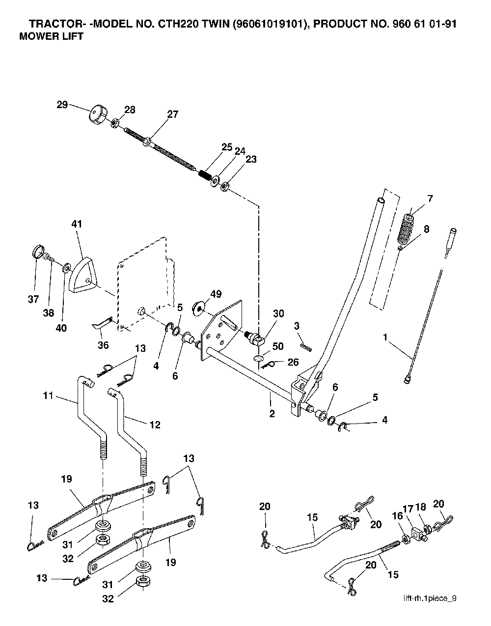 Mower Lift / Deck Lift Diagram and Parts List for CTH220TWIN (96061019101, 960610191)(2007-05) Husqvarna Lawn Tractor