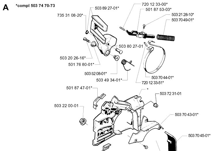 Chain Brake Diagram and Parts List for 254 19980900001-19992300000 Husqvarna Chainsaw