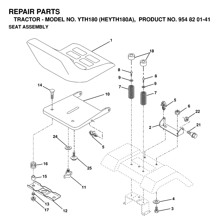 Seat Diagram and Parts List for YTH180 (HEYTH180A)(1998-12) Husqvarna Lawn Tractor