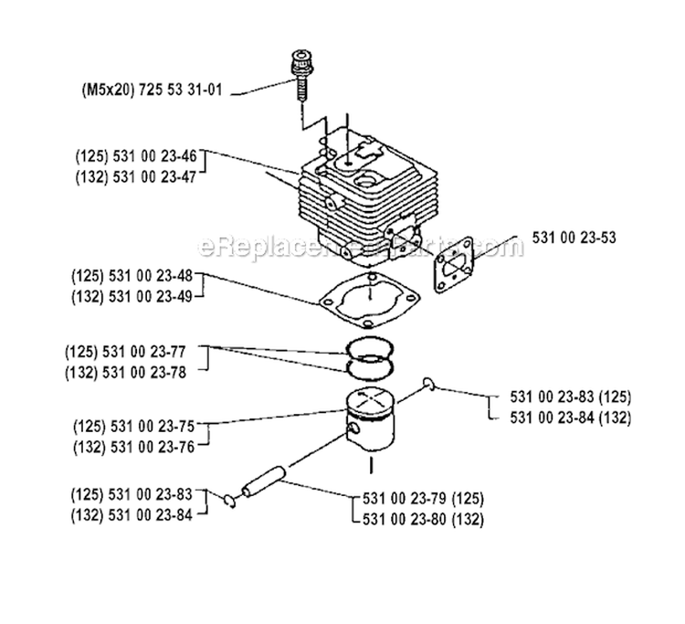 Cylinder Piston Diagram and Parts List for 132RB 1990-11 Husqvarna Brush Cutter