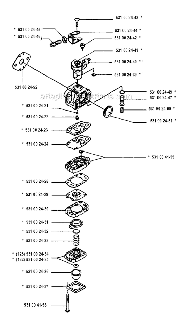 Carburetor Details Diagram and Parts List for 132RB 1993-04 Husqvarna Brush Cutter