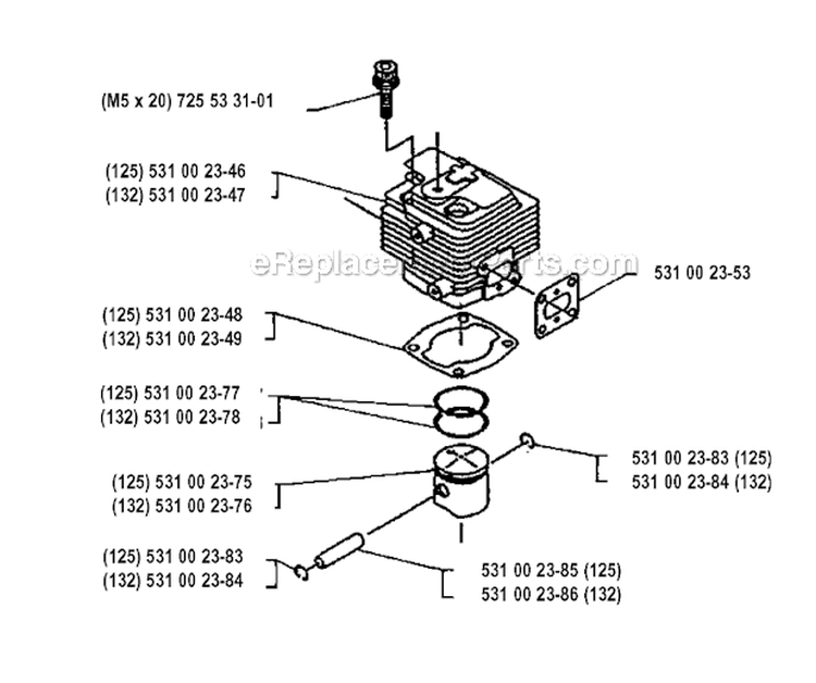 Cylinder Piston Diagram and Parts List for 132RB 1993-04 Husqvarna Brush Cutter