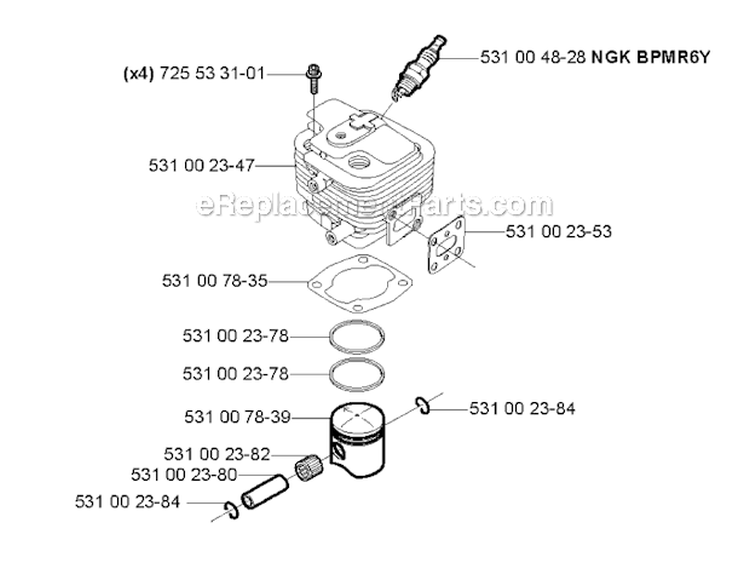 Cylinder Piston Diagram and Parts List for 132RJ 2004-09 Husqvarna Brush Cutter