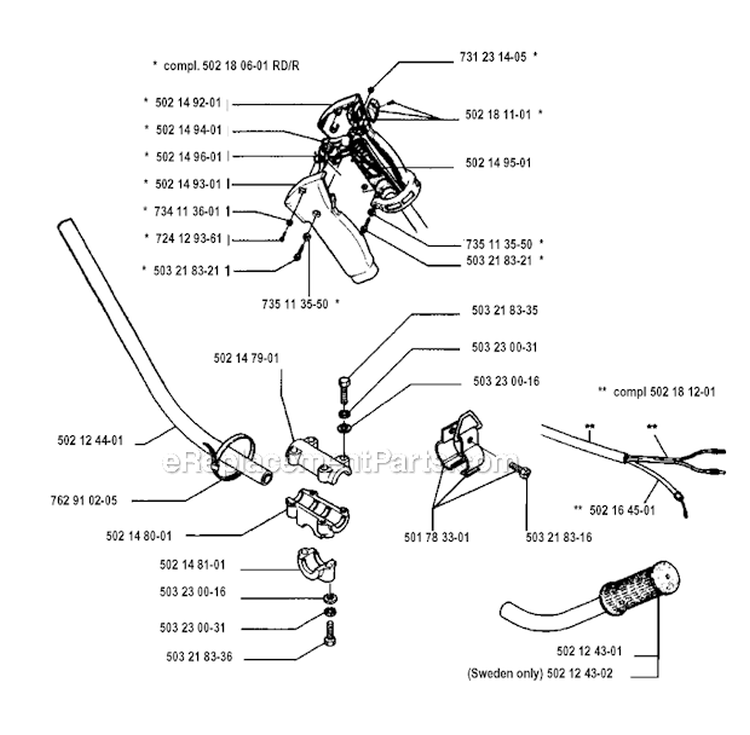 Handle  Controls Diagram and Parts List for 132R 1993-04 Husqvarna Brush Cutter