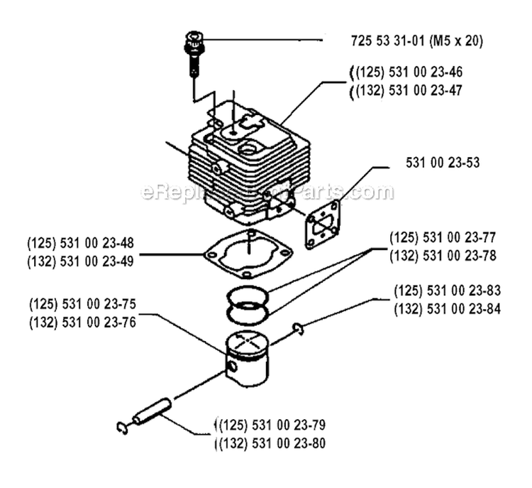 Cylinder Piston Diagram and Parts List for 132R 1993-04 Husqvarna Brush Cutter