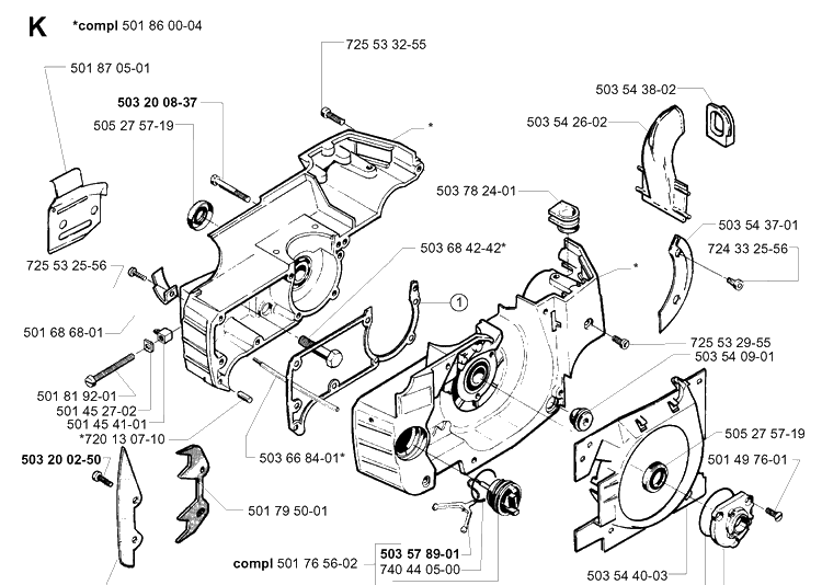 Crankcase Diagram and Parts List for 262XP 19992300001-Current Husqvarna Chainsaw