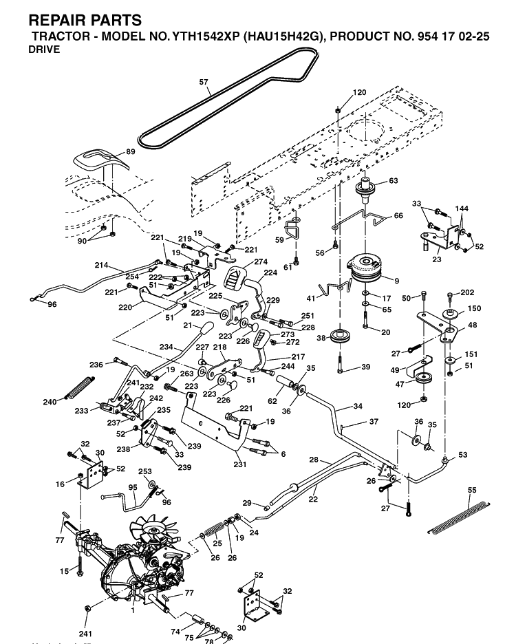 Drive Diagram and Parts List for YTH1542XP (HAU15H42G)(2004-09) Husqvarna Lawn Tractor