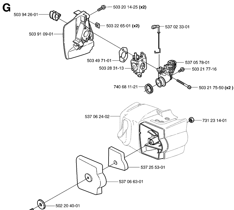 Carburetor And Air Filter Diagram and Parts List for 325HS99 (X-SERIES)(20030100001-20063600000) Husqvarna Hedge Trimmer