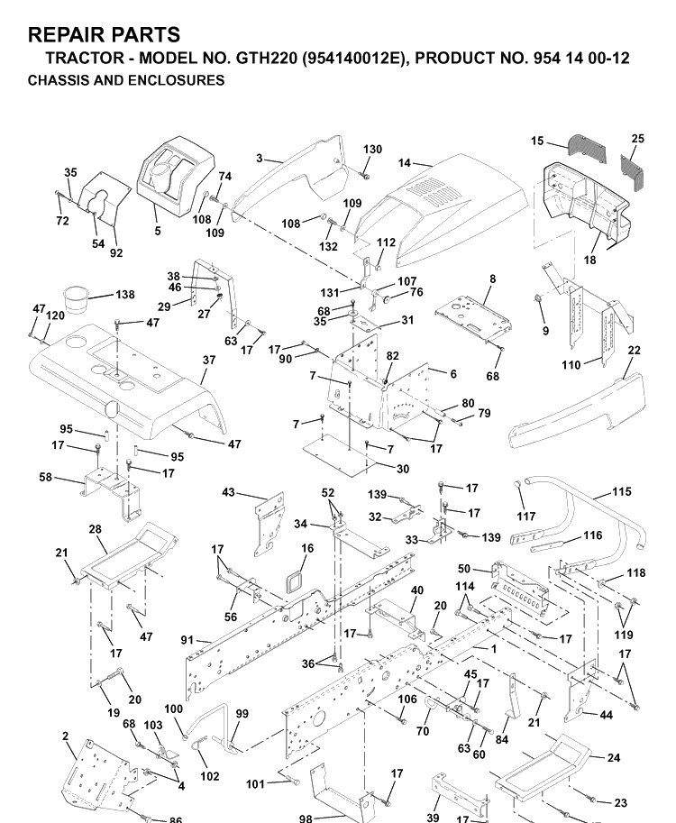 Chassis And Enclosures Diagram and Parts List for GTH220 (954140012E)(1998-09) Husqvarna Lawn Tractor