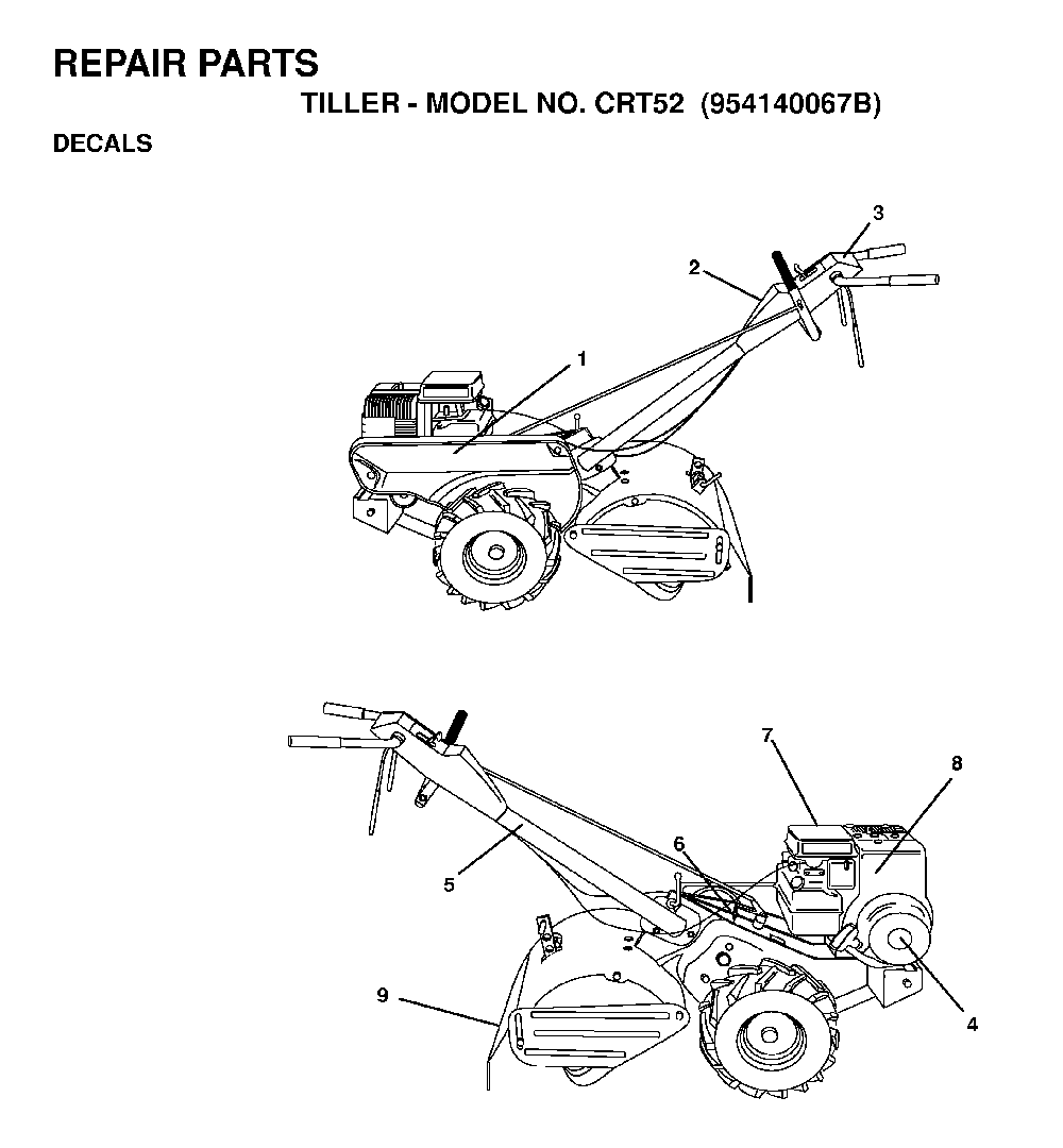Decals Diagram and Parts List for CRT52 (954140067B)(1998-07) Husqvarna Tiller