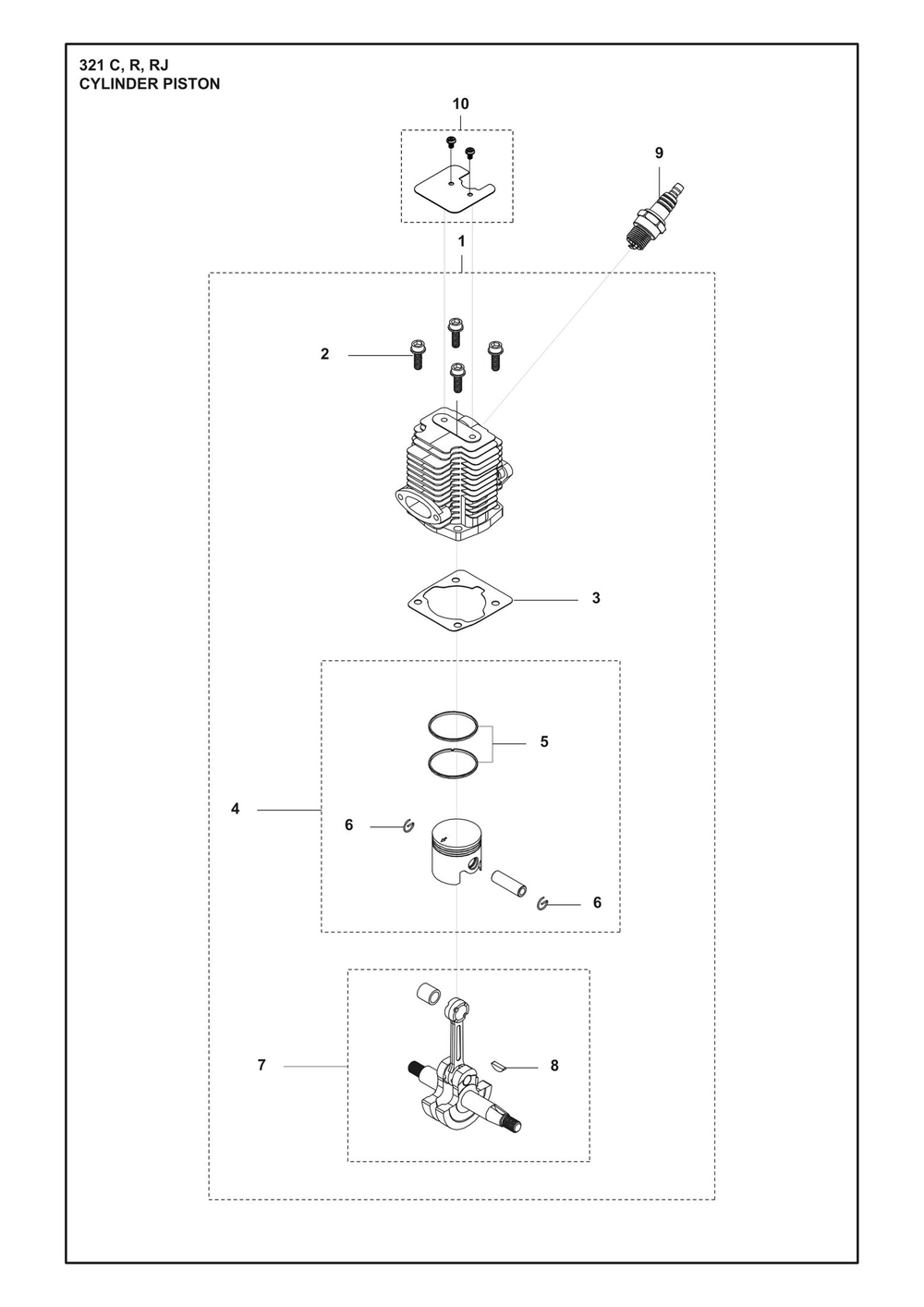 Cylinder Piston Diagram and Parts List for 321RJ  Husqvarna Brush Cutter