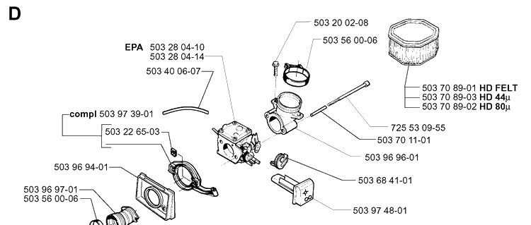 Carburetor And Air Filter Diagram and Parts List for 395XP/ (XPG)(20010100001-20034000000) Husqvarna Chainsaw