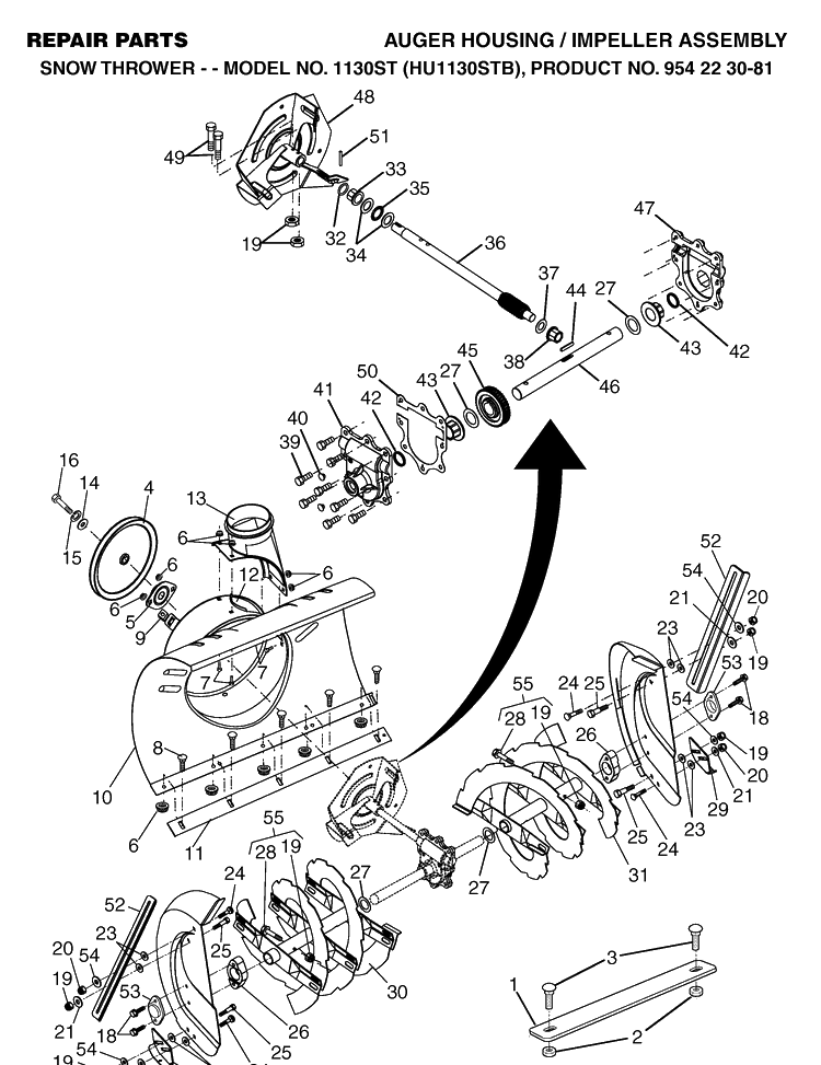 Auger Housing And Impeller Diagram and Parts List for 1130ST (HU1130STB)(2004-03) Husqvarna Snow Blower