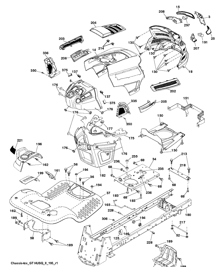 Chassis And Enclosures Diagram and Parts List for LGT2654 (96045004700)(2013-08) Husqvarna Lawn Tractor