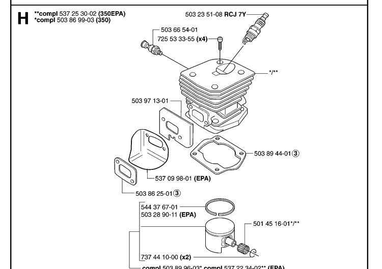 Cylinder Piston Diagram and Parts List for 340E 20062300001-Current Husqvarna Chainsaw
