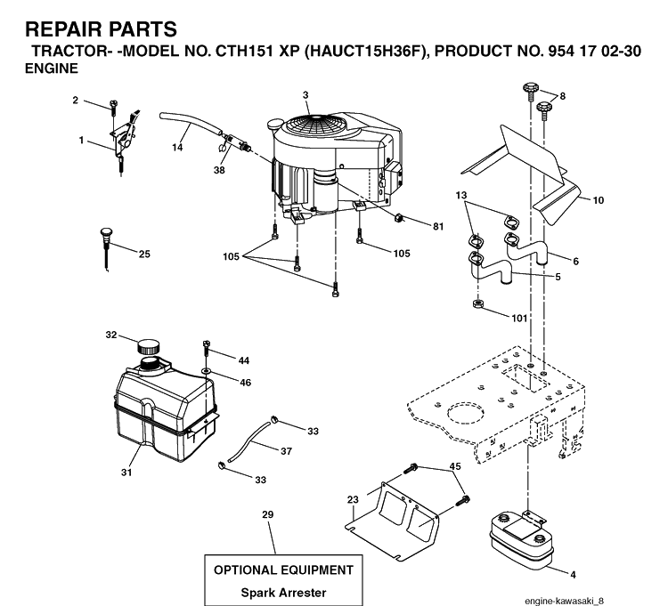 Engine Diagram and Parts List for CTH151XP (HAUCT15H36F)(2005-04) Husqvarna Lawn Tractor