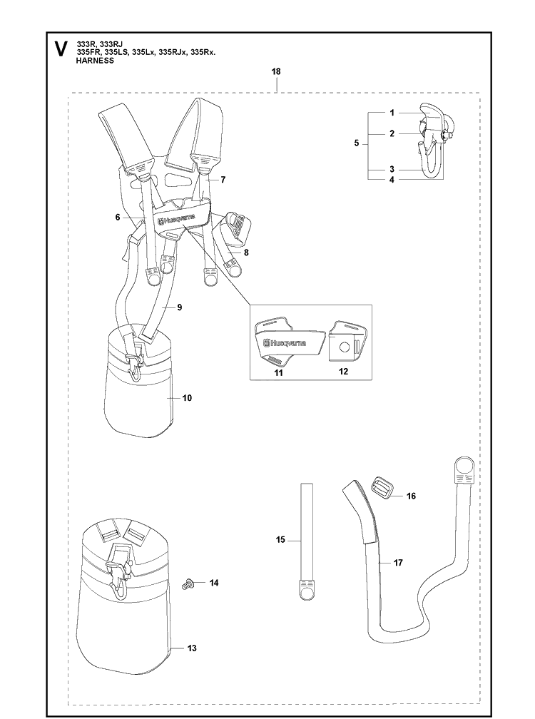 Harness Diagram and Parts List for 335FR  Husqvarna Brush Cutter