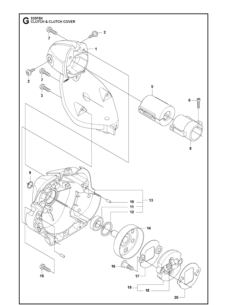 Clutch Cover Diagram and Parts List for 535FBX  Husqvarna Brush Cutter