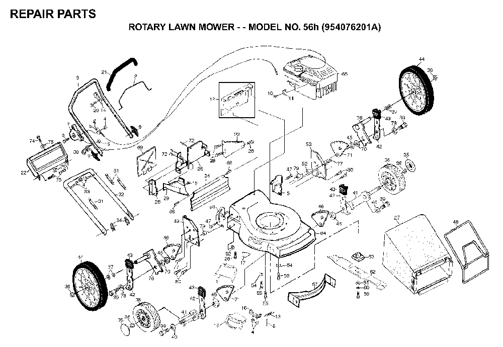 Product Complete Diagram and Parts List for 56H (954076201A)(1995-10) Husqvarna Lawn Mower