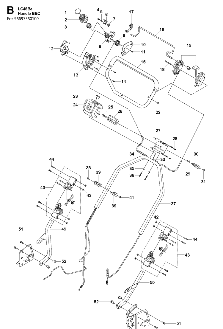 Handle 2 Diagram and Parts List for LC48BE  Husqvarna Lawn Mower