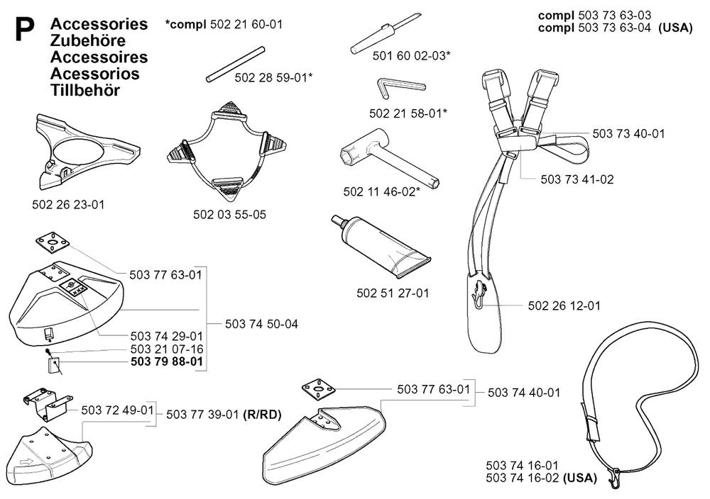 Accessories Diagram and Parts List for 225RJ 20004000001 & Above Husqvarna Trimmer