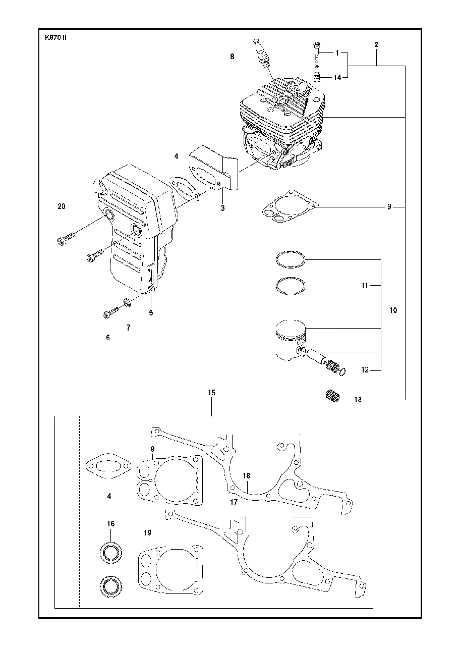 Cylinder, Piston And Muffler Diagram and Parts List for K970II 2014-02 Husqvarna Circular Saw