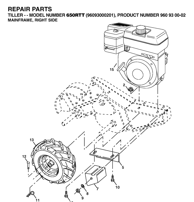 Mainframe, Right Side Diagram and Parts List for 650RTT (96093000201)(2006-12) Husqvarna Cultivator