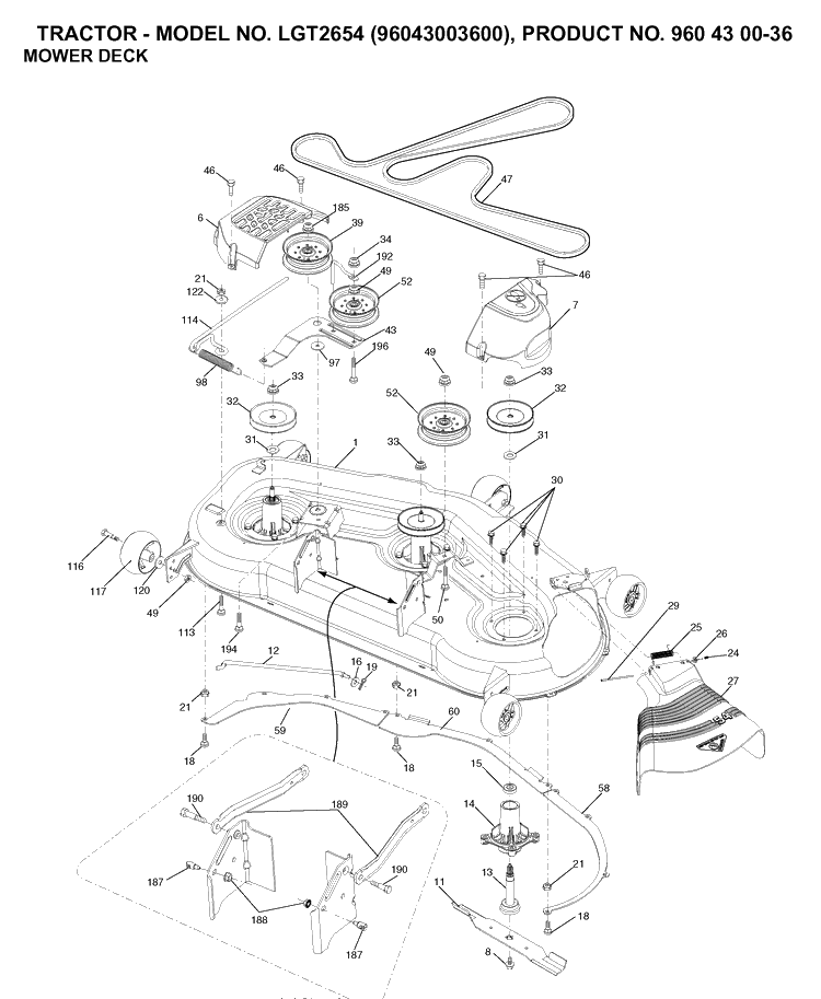Mower Deck / Cutting Deck Diagram and Parts List for LGT2654 (96043003600)(2006-12) Husqvarna Lawn Tractor