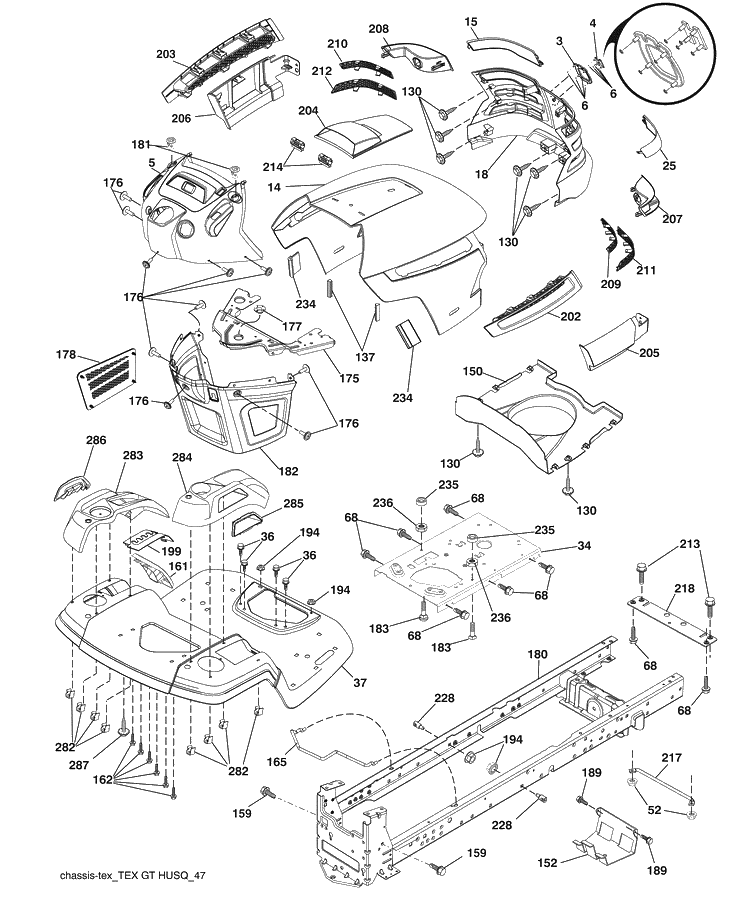 Chassis Diagram and Parts List for 2246LS (96043006300)(2008-11) Husqvarna Lawn Mower