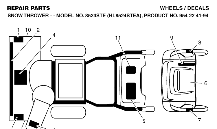 Decals Diagram and Parts List for 8524STE (HL8524STEA)(2004-08) Husqvarna Snow Blower