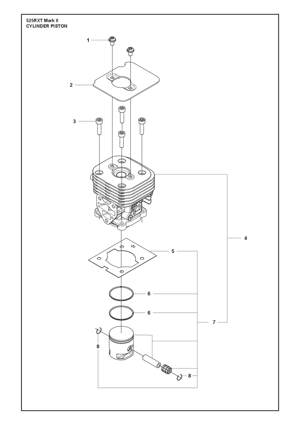Cylinder Piston Diagram and Parts List for 525RXTMARKII  Husqvarna Brush Cutter