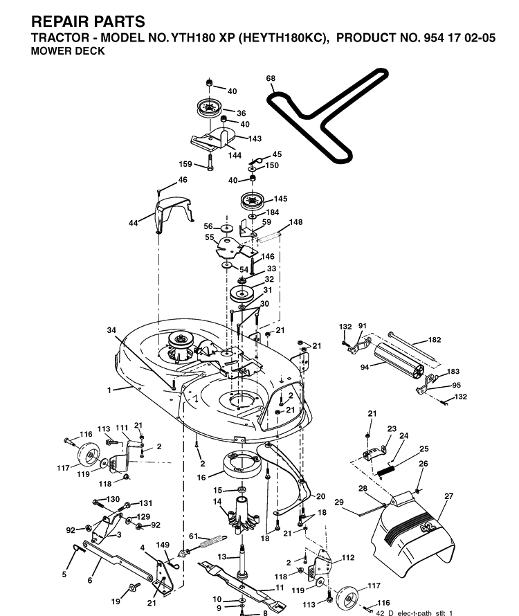 Mower Deck / Cutting Deck Diagram and Parts List for YTH180XP (HEYTH180KC)(2004-06) Husqvarna Lawn Tractor
