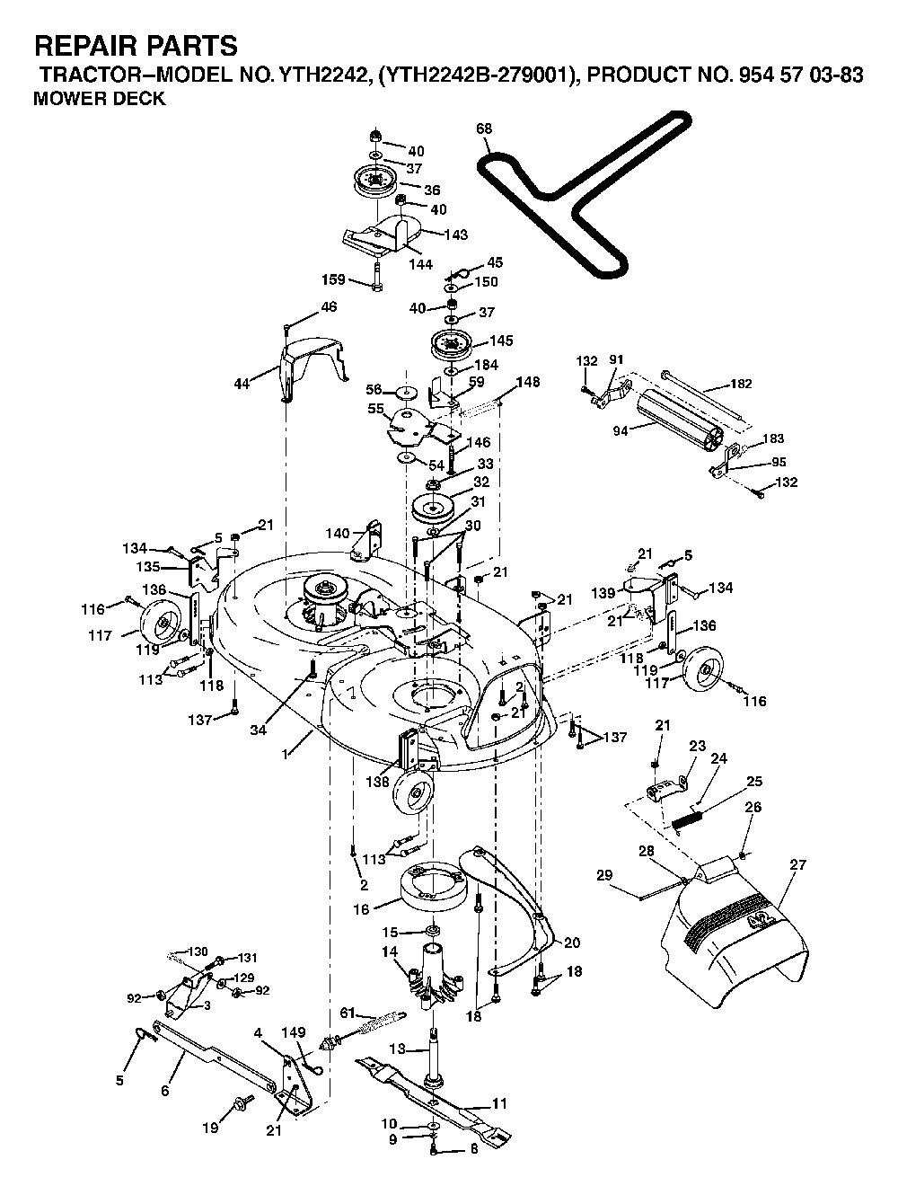 Mower Deck / Cutting Deck Diagram and Parts List for YTH2242B (954570383)(2003-01) Husqvarna Lawn Tractor