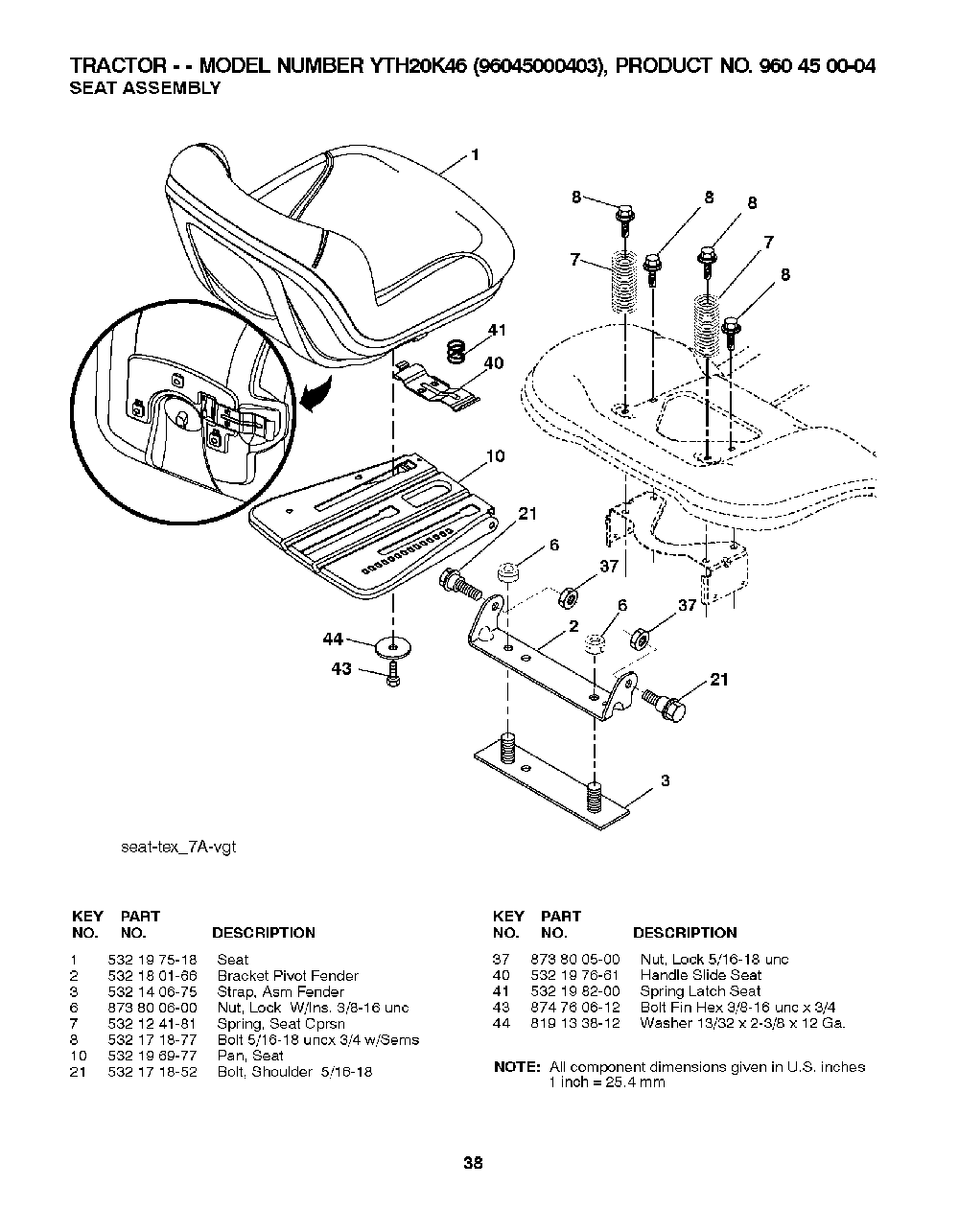 Seat Diagram and Parts List for YTH20K4696045000403 2007-10 Husqvarna Lawn Tractor