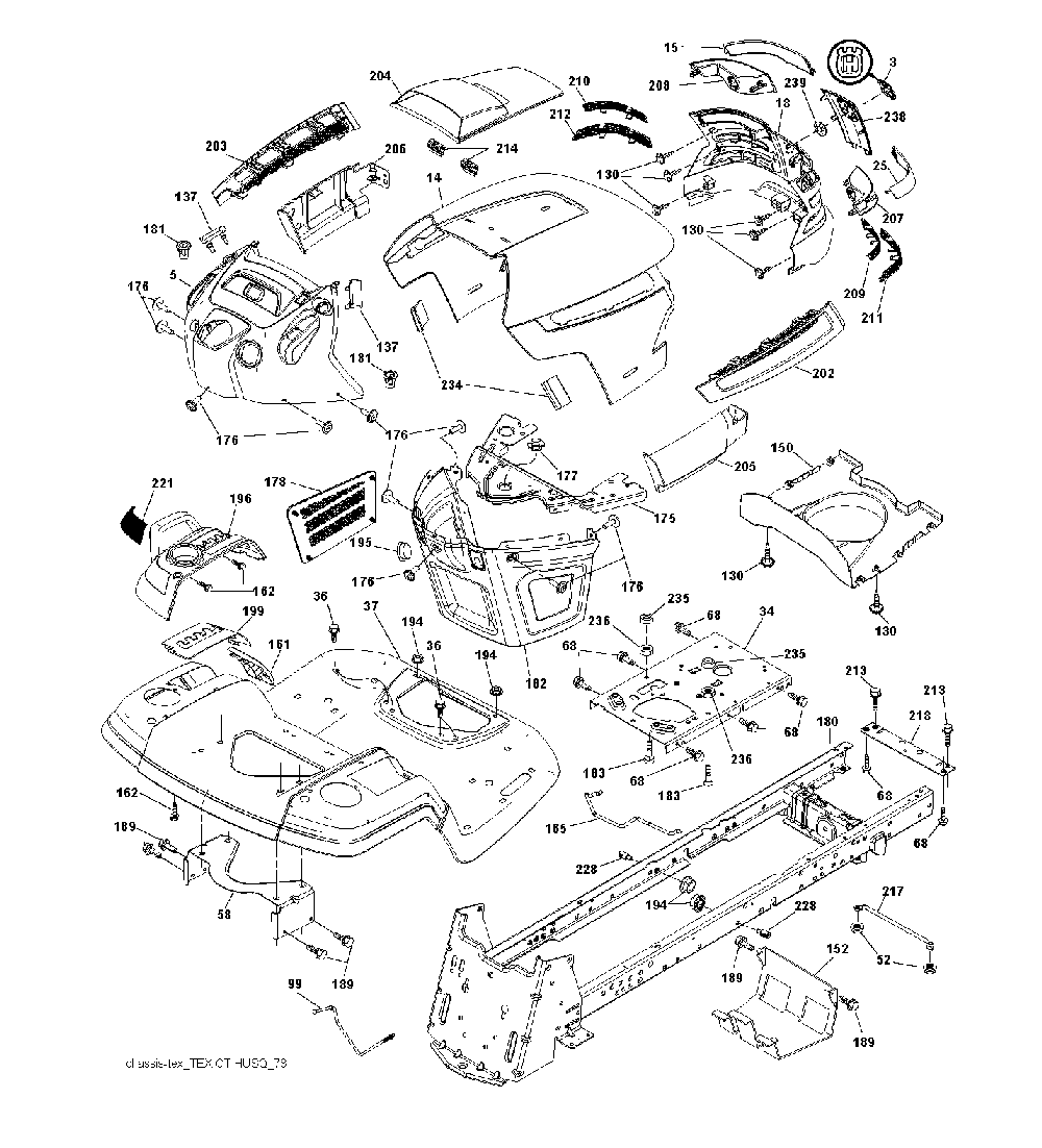Chassis And Enclosures Diagram and Parts List for GTH260TWIN (96041004503)(2010-01) Husqvarna Lawn Tractor