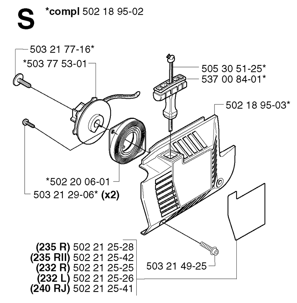 Starter Diagram and Parts List for 240RJ 20023500001 & Above Husqvarna Trimmer