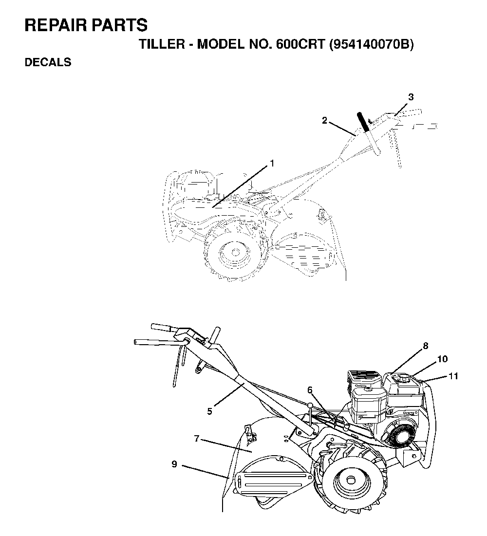 Decals Diagram and Parts List for 600CRT (954140070B)(1999-04) Husqvarna Tiller